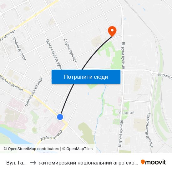 Вул. Гагаріна to житомирський національний агро екологічний університет map