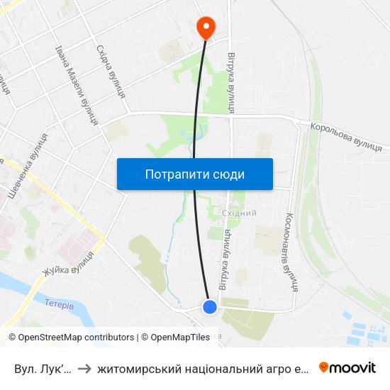 Вул. Лук’Яненка to житомирський національний агро екологічний університет map