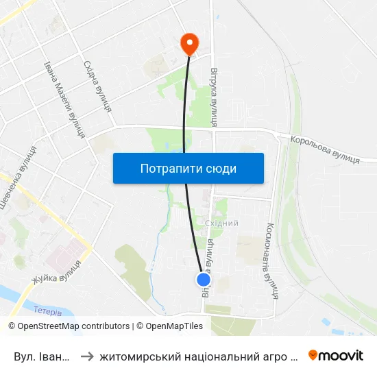 Вул. Івана Огієнка to житомирський національний агро екологічний університет map