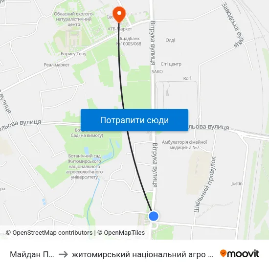 Майдан Польовий to житомирський національний агро екологічний університет map