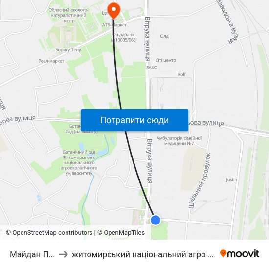 Майдан Польовий to житомирський національний агро екологічний університет map
