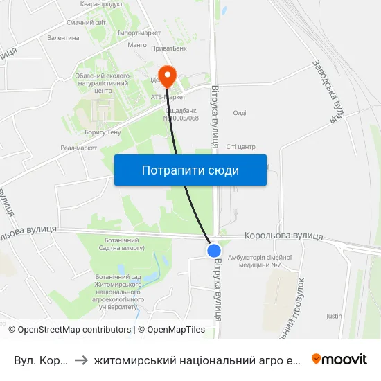 Вул. Корольова to житомирський національний агро екологічний університет map