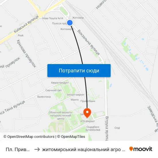 Пл. Привокзальна to житомирський національний агро екологічний університет map