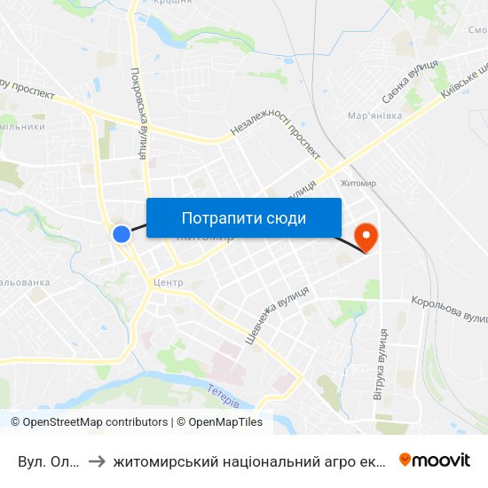 Вул. Ольжича to житомирський національний агро екологічний університет map