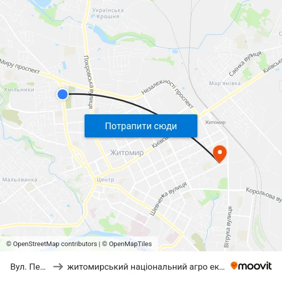 Вул. Перемоги to житомирський національний агро екологічний університет map