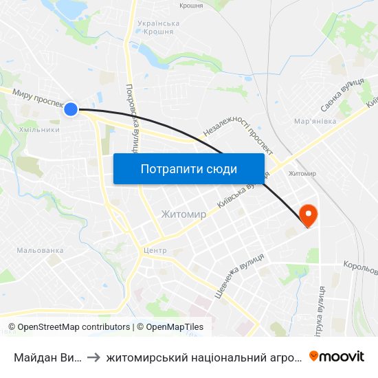 Майдан Визволення to житомирський національний агро екологічний університет map