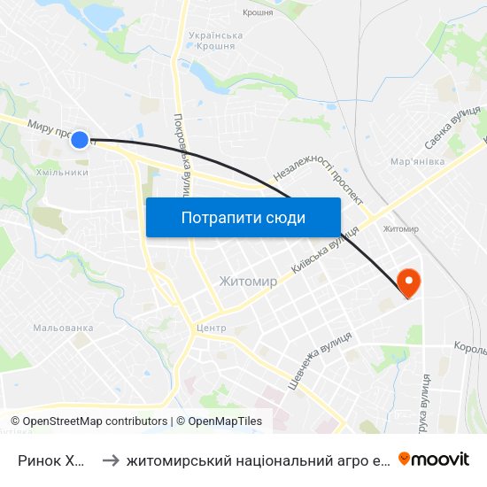 Ринок Хмільники to житомирський національний агро екологічний університет map