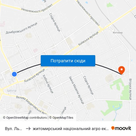 Вул. Львівська to житомирський національний агро екологічний університет map