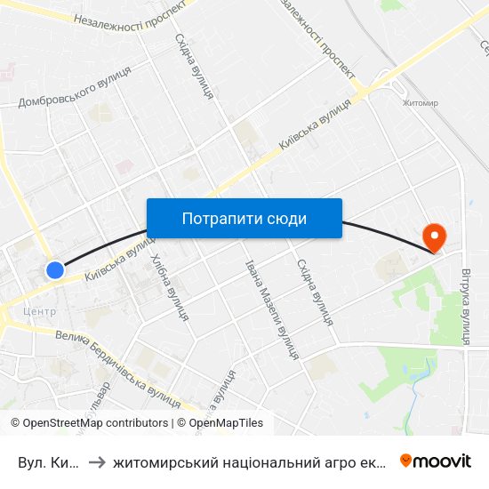 Вул. Київська to житомирський національний агро екологічний університет map