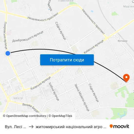Вул. Лесі Українки to житомирський національний агро екологічний університет map