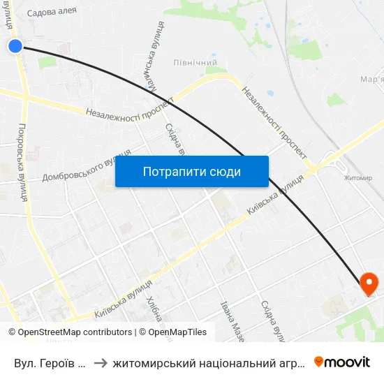Вул. Героїв Чорнобиля to житомирський національний агро екологічний університет map