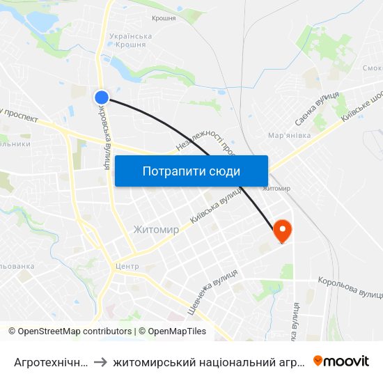 Агротехнічний Коледж to житомирський національний агро екологічний університет map