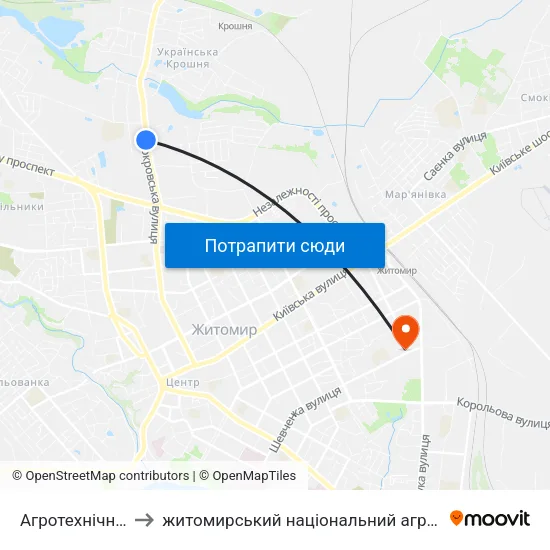 Агротехнічний Коледж to житомирський національний агро екологічний університет map