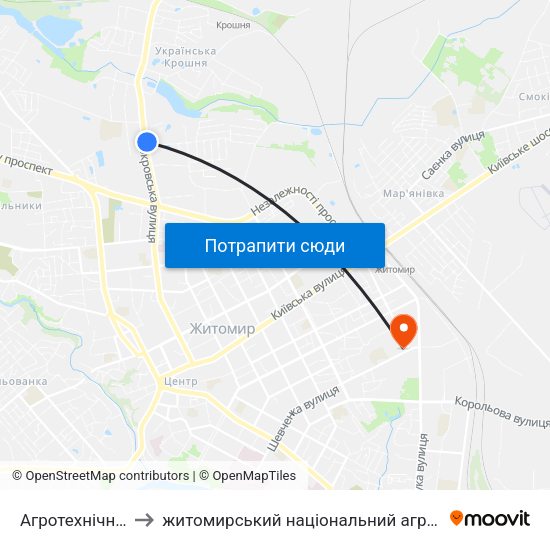 Агротехнічний Коледж to житомирський національний агро екологічний університет map