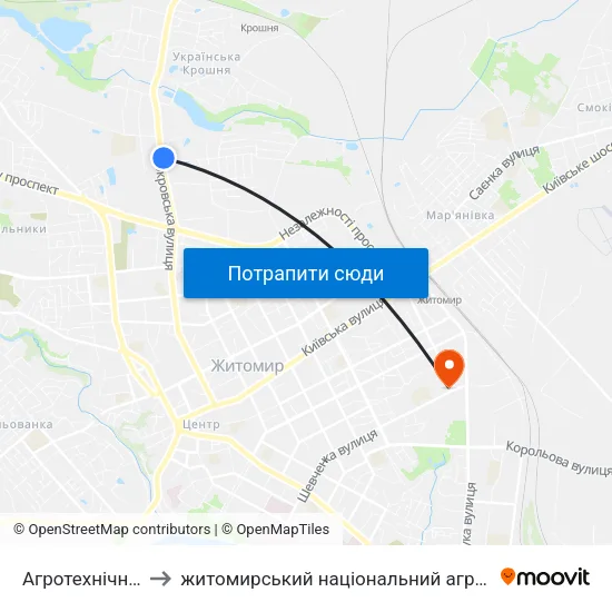 Агротехнічний Коледж to житомирський національний агро екологічний університет map