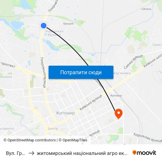 Вул. Гранітна to житомирський національний агро екологічний університет map