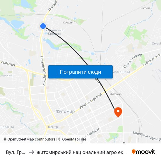 Вул. Гранітна to житомирський національний агро екологічний університет map