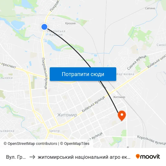 Вул. Гранітна to житомирський національний агро екологічний університет map