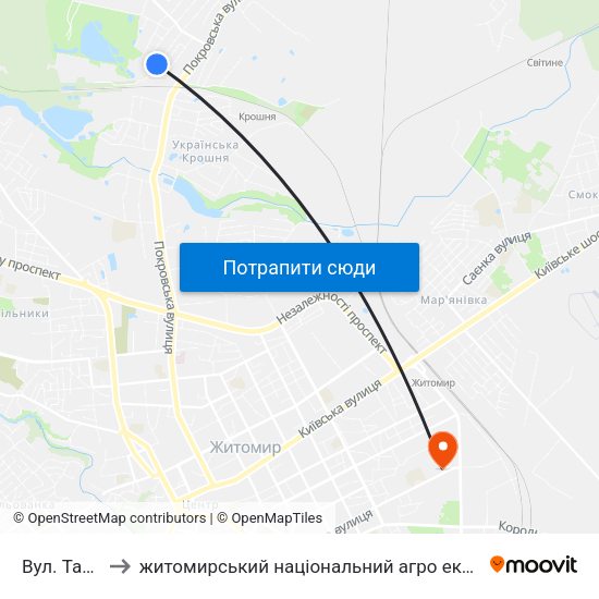 Вул. Танкістів to житомирський національний агро екологічний університет map