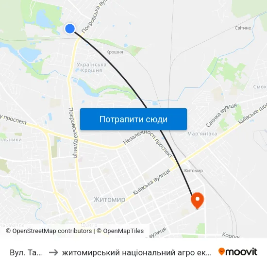Вул. Танкістів to житомирський національний агро екологічний університет map