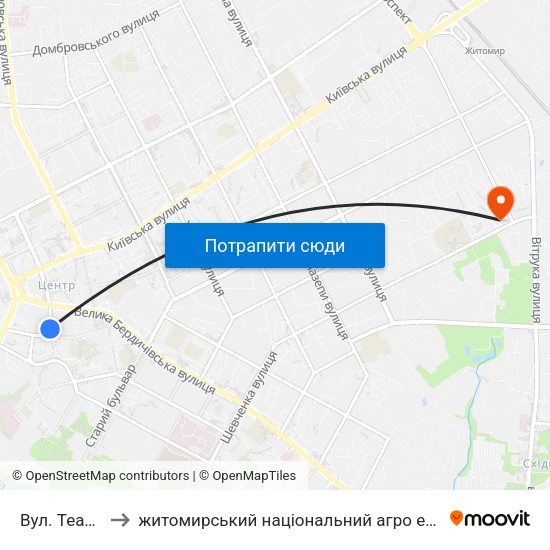 Вул. Театральна to житомирський національний агро екологічний університет map