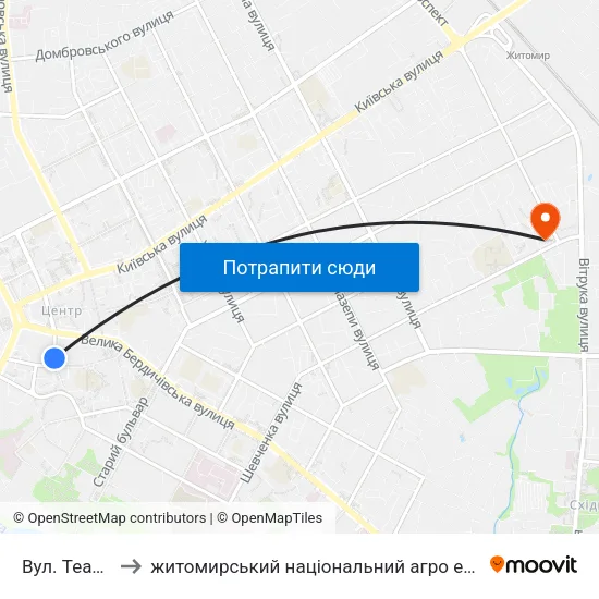 Вул. Театральна to житомирський національний агро екологічний університет map