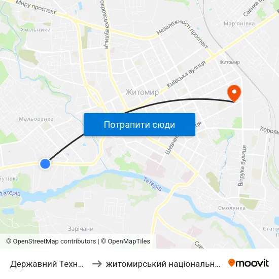 Державний Технологiчний Університет to житомирський національний агро екологічний університет map