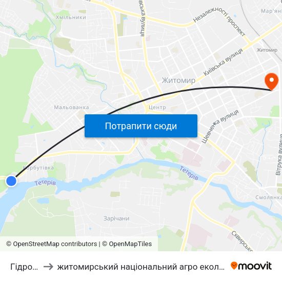 Гідропарк to житомирський національний агро екологічний університет map