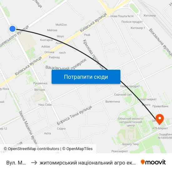 Вул. Монтана to житомирський національний агро екологічний університет map