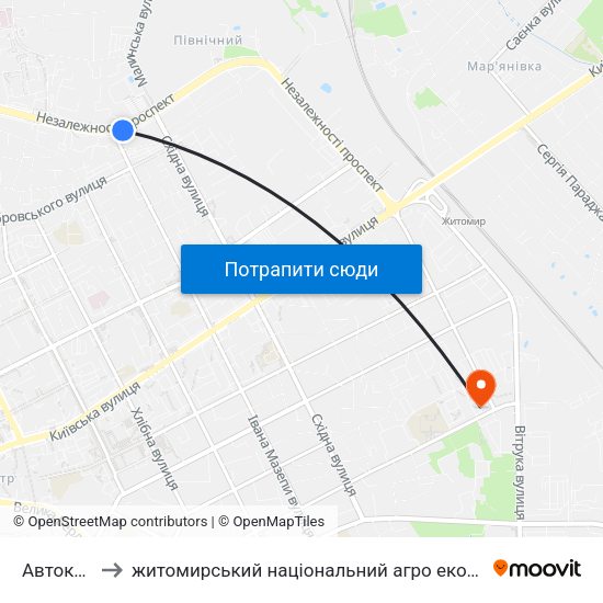 Автоколона to житомирський національний агро екологічний університет map