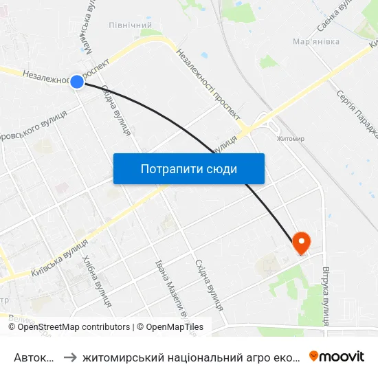 Автоколона to житомирський національний агро екологічний університет map