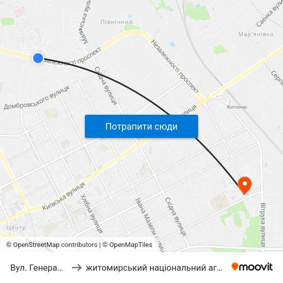 Вул. Генерала Потапова to житомирський національний агро екологічний університет map