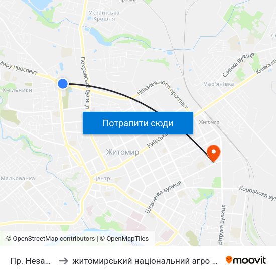Пр. Незалежності to житомирський національний агро екологічний університет map