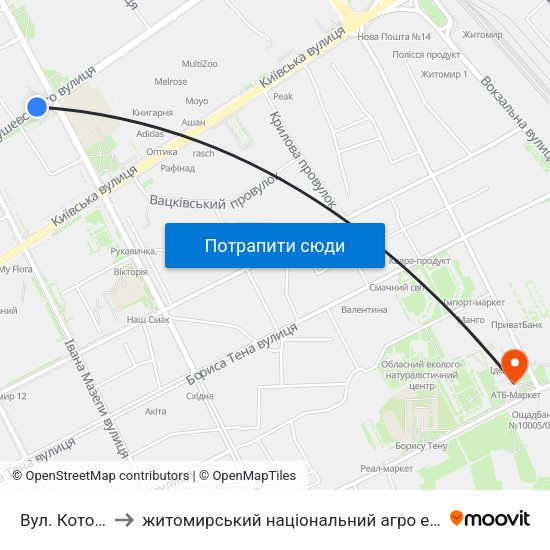 Вул. Котовського to житомирський національний агро екологічний університет map