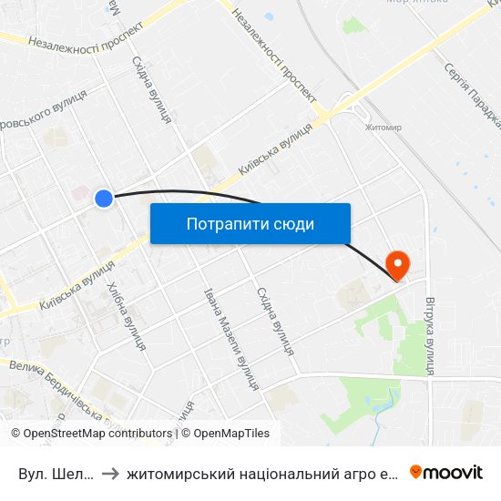 Вул. Шелушкова to житомирський національний агро екологічний університет map