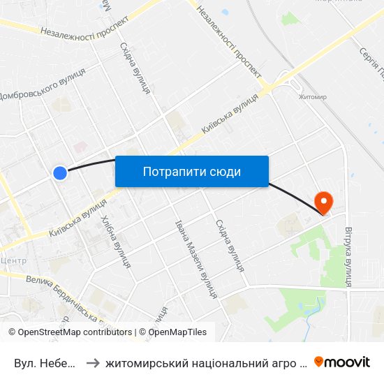 Вул. Небесної Сотні to житомирський національний агро екологічний університет map