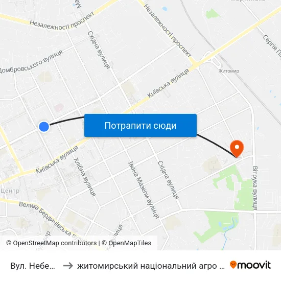 Вул. Небесної Сотні to житомирський національний агро екологічний університет map