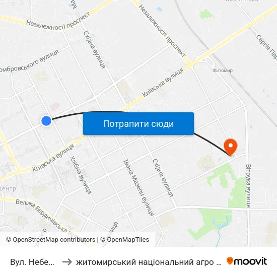 Вул. Небесної Сотні to житомирський національний агро екологічний університет map