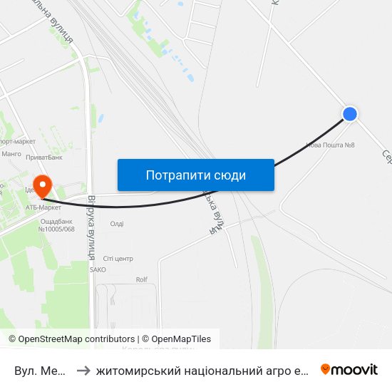 Вул. Металістів to житомирський національний агро екологічний університет map