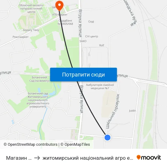 Магазин Берізка to житомирський національний агро екологічний університет map