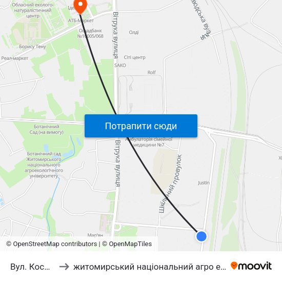 Вул. Космонавтів to житомирський національний агро екологічний університет map