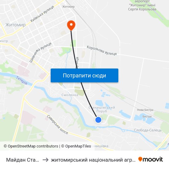 Майдан Станишівський to житомирський національний агро екологічний університет map