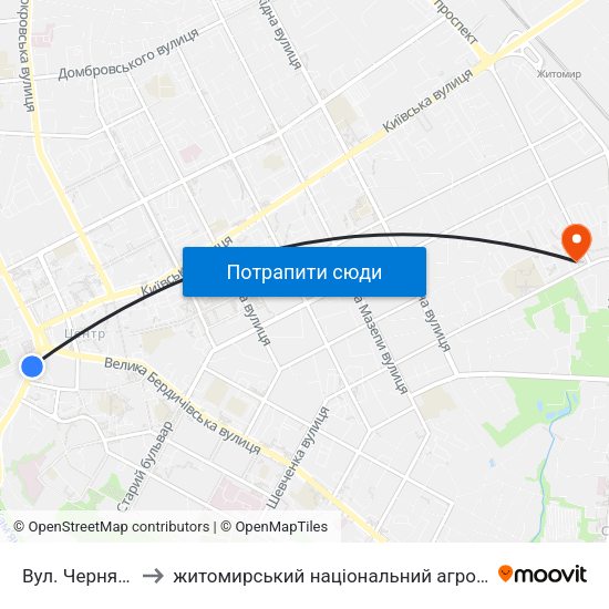 Вул. Черняховського to житомирський національний агро екологічний університет map