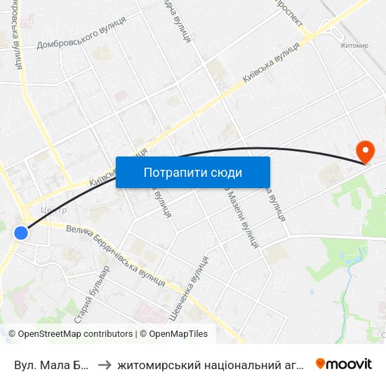 Вул. Мала Бердичівська to житомирський національний агро екологічний університет map