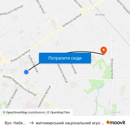 Вул. Небесної Сотні to житомирський національний агро екологічний університет map