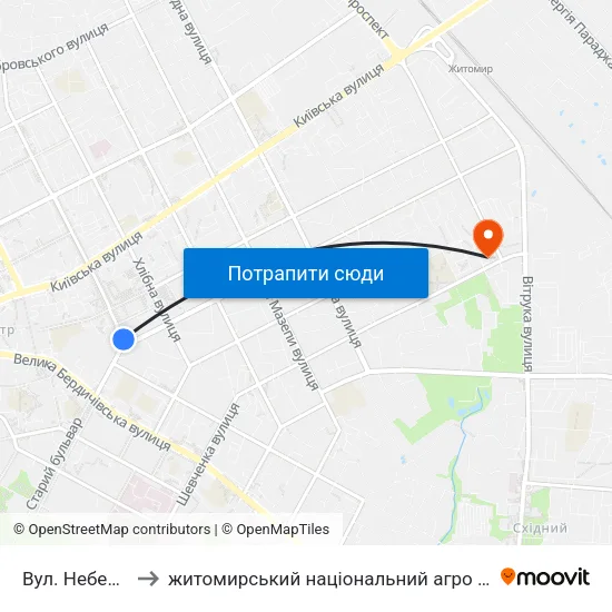 Вул. Небесної Сотні to житомирський національний агро екологічний університет map