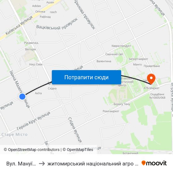 Вул. Мануїльського to житомирський національний агро екологічний університет map