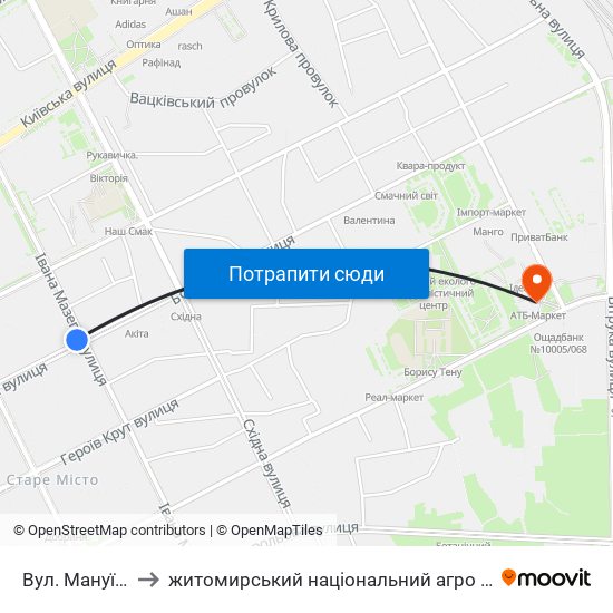 Вул. Мануїльського to житомирський національний агро екологічний університет map