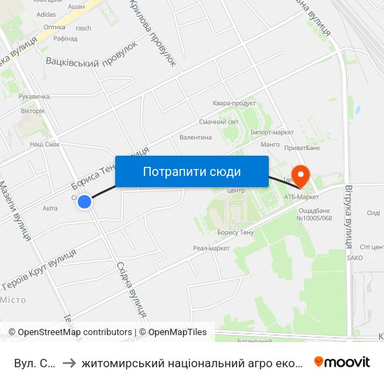 Вул. Східна to житомирський національний агро екологічний університет map
