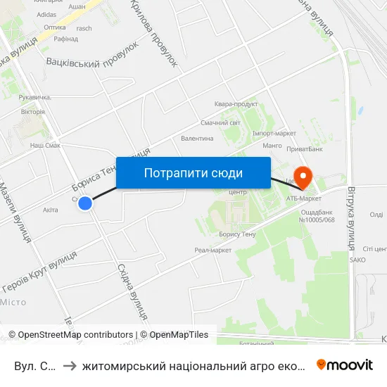 Вул. Східна to житомирський національний агро екологічний університет map